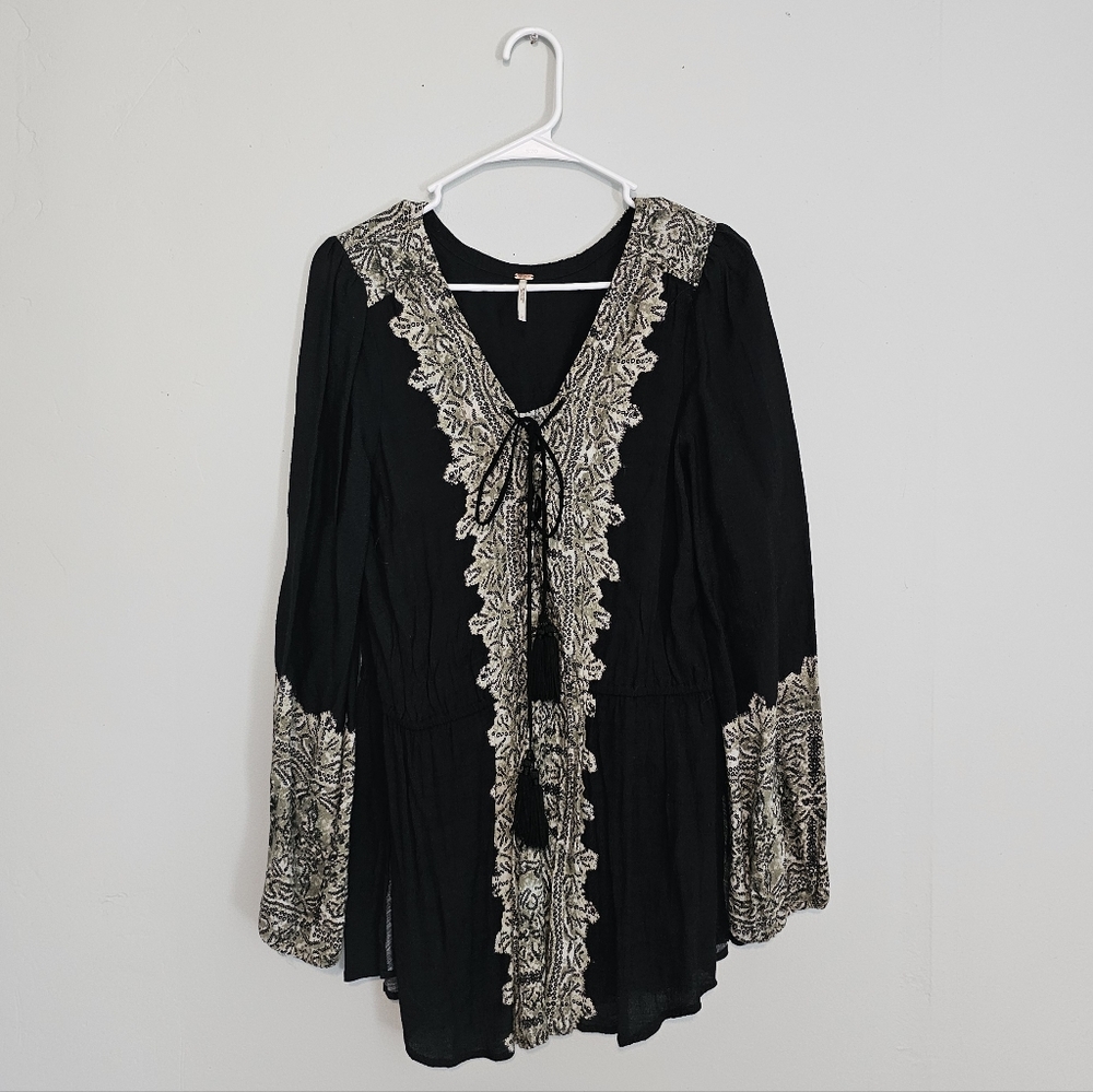 Free People Black Blouse with Cream Embroidered Trim Size L Embroidered